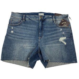 Ava & Viv Medium Wash Distressed Raw Edge High Rise Midi Blue Denim Jean Shorts